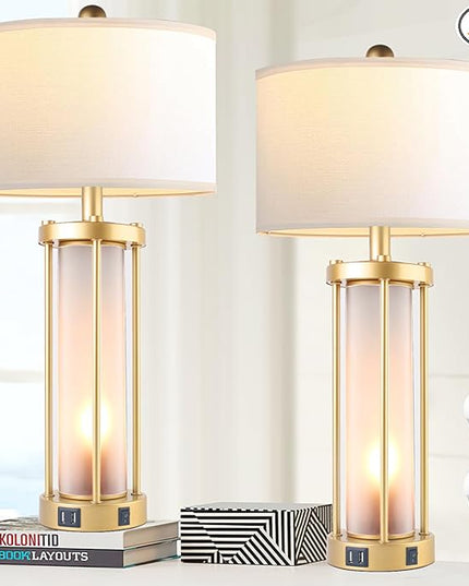 Table Lamps for Living Room Set of 2,26" Tall Gold Bedside Farmhouse Table Lamps with LED Lantern Nightlight,Bedroom Nightstand Lamps with Dual USB Port Grey White Shade (Bulbs Included) - LeafyLoom