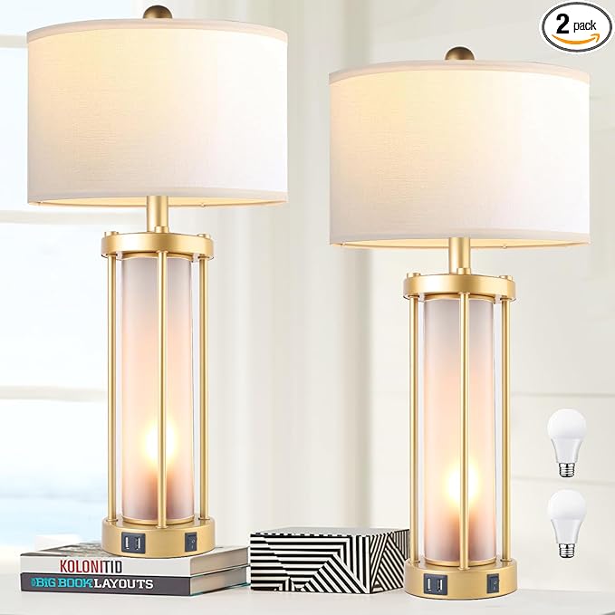 Table Lamps for Living Room Set of 2,26" Tall Gold Bedside Farmhouse Table Lamps with LED Lantern Nightlight,Bedroom Nightstand Lamps with Dual USB Port Grey White Shade (Bulbs Included) - LeafyLoom
