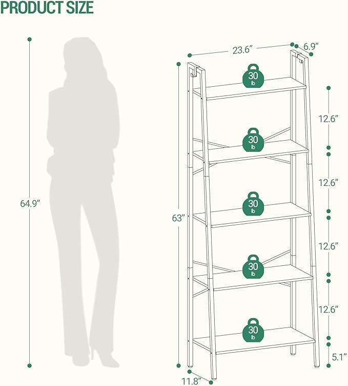 Ladder Shelf, Bookshelf Bookcase, Freestanding Corner Storage Shelve with 2 Hooks for Home Office, Living Room, Kitchen, Bedroom, Industrial, 5-Tier Greige BC19305B - LeafyLoom