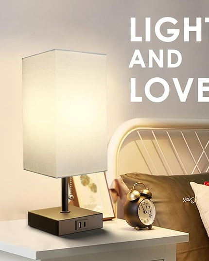 Bedside Table Lamp, Pull Chain for Bedroom with USB-C USB-A Charging Ports, 2700K LED Bulb with Fabric Lampshade, Nightstand Lamp for Living Room Bedroom Office Study Room (White) - LeafyLoom