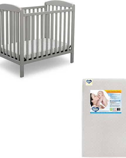 Delta Children Emery Mini Convertible Baby Crib & Twinkle Stars 3-Inch Waterproof Mini Crib Mattress, Grey - LeafyLoom