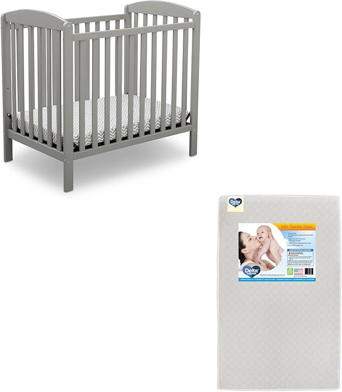 Delta Children Emery Mini Convertible Baby Crib & Twinkle Stars 3-Inch Waterproof Mini Crib Mattress, Grey - LeafyLoom