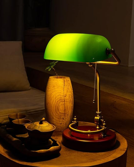 Green Bankers Desk lamp for Home Office Vintage Desk Retro lamp Workplace Lighting Piano Light Bedside lamp Pull Rope Switch，Glass lampshade，UL Certified lamp Holder, Wire - LeafyLoom