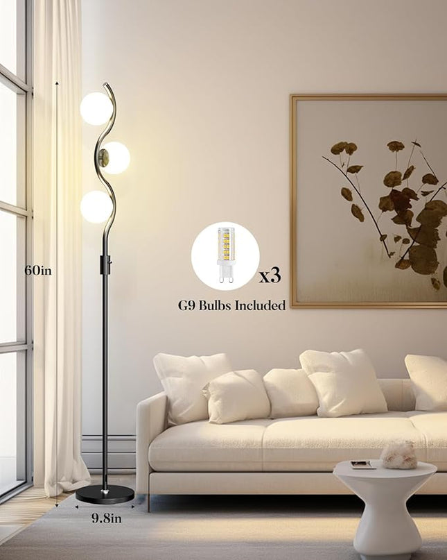 60IN Dimmable (Brightness Adjustable) Black Floor Lamp, Modern Standing Lamps with 3 Globe Soft Warm White 3000K Bulbs, Mid Century Floor Lamp for Living Room Bedroom Home Decor - LeafyLoom