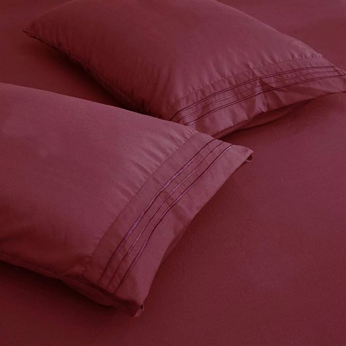 SONORO KATE Bed Sheet Set Super Soft Microfiber 1800 Thread Count Luxury Egyptian Sheets 18-Inch Deep Pocket，Wrinkle and Hypoallergenic-6 Piece (Burgundy, Twin XL-6 Piece) - LeafyLoom