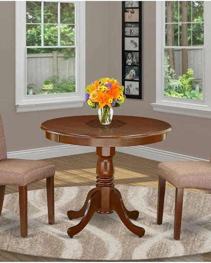 East West Furniture ANBA3-MAH-18 3 Piece Dinette Set for Small Spaces Contains a Round Kitchen Table with Pedestal and 2 Brown Linen Fabric Parsons Chairs, 36x36 Inch - LeafyLoom