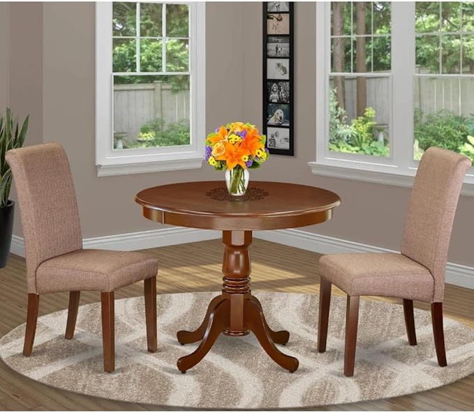 East West Furniture ANBA3-MAH-18 3 Piece Dinette Set for Small Spaces Contains a Round Kitchen Table with Pedestal and 2 Brown Linen Fabric Parsons Chairs, 36x36 Inch - LeafyLoom
