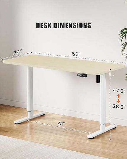 Electric Standing Desk Adjustable Height Stand Up Desk, 55" x 24" Sit Stand Desk, Low Noise Home Office Desk, Computer Desk with Splice Board, Child Lock & Memory Function, Maple - LeafyLoom
