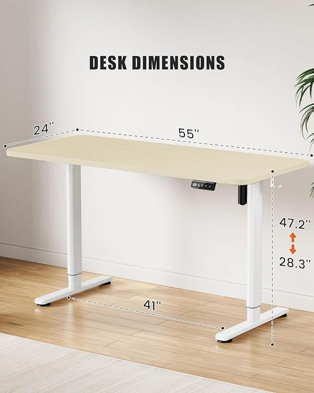 Electric Standing Desk Adjustable Height Stand Up Desk, 55" x 24" Sit Stand Desk, Low Noise Home Office Desk, Computer Desk with Splice Board, Child Lock & Memory Function, Maple - LeafyLoom