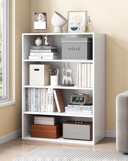 Basic Open Shelf Bookcase - 4-Tier Wooden Cube Storage Shelves Split Bookshelf, White - LeafyLoom