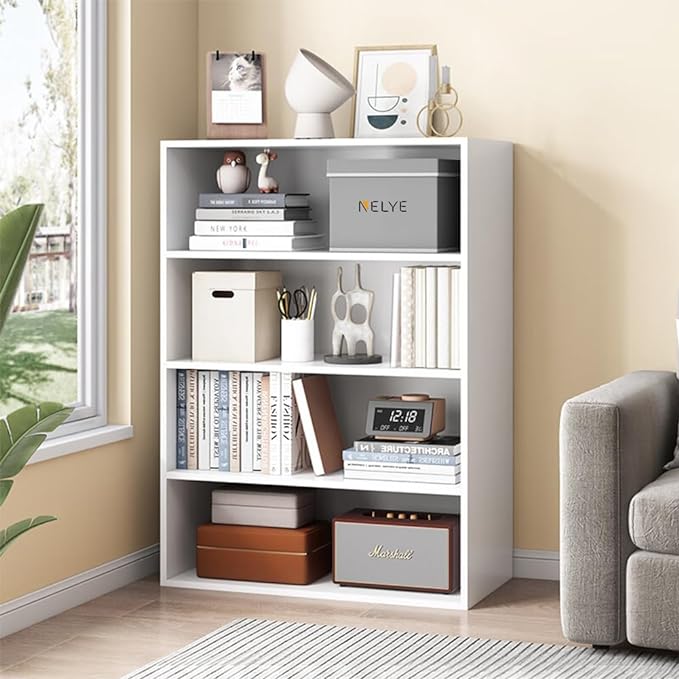Basic Open Shelf Bookcase - 4-Tier Wooden Cube Storage Shelves Split Bookshelf, White - LeafyLoom