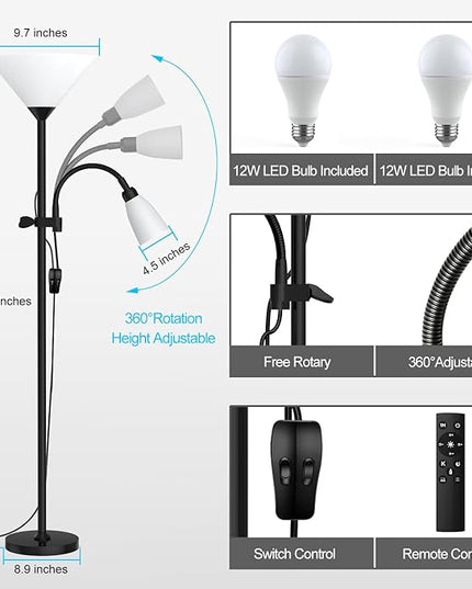 Floor Lamp, 3 Color Temperature&Dimmable Standing lamp, 12W LED Torchiere Floor Lamp with Adjustable Reading Lamp, 3 Way Switch, Modern Tall Lamps for Living Room, Bedroom, Office (65 inches) - LeafyLoom