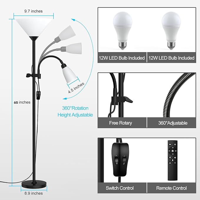 Floor Lamp, 3 Color Temperature&Dimmable Standing lamp, 12W LED Torchiere Floor Lamp with Adjustable Reading Lamp, 3 Way Switch, Modern Tall Lamps for Living Room, Bedroom, Office (65 inches) - LeafyLoom