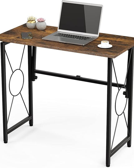 31.5" Computer Desk for Small Place, Foldable Desk Home Office Desk, Black Metal Frame, Modern Industrial Style Study Writing Table, No Assembly Required, Rustic Brown - LeafyLoom