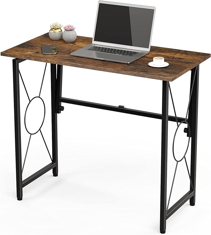 31.5" Computer Desk for Small Place, Foldable Desk Home Office Desk, Black Metal Frame, Modern Industrial Style Study Writing Table, No Assembly Required, Rustic Brown - LeafyLoom