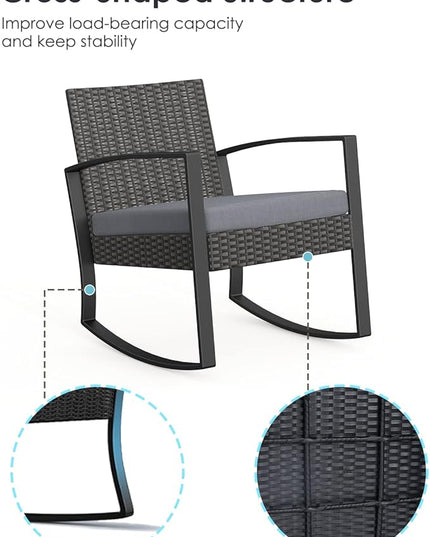 3 Piece Wicker Patio Furniture Set, Outdoor Rocking Chairs, Outdoor Furniture with Table & Cushions, Patio Chairs Balcony Porch Furniture, Gray - LeafyLoom