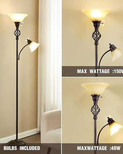 Floor Lamp, Standing Lamp with Adjustable Side Reading Light, Floor Lamps for Living Room with Glass Shade 72-Inch Torchiere Tall Lamps Decor for Bedroom Living Room Den Office (Bulb Included) - LeafyLoom