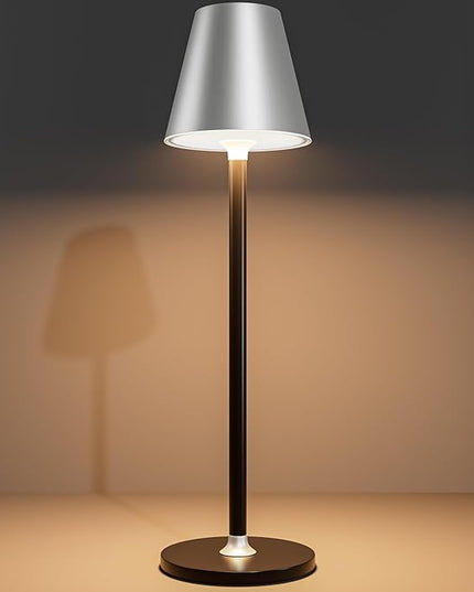 Modern LED CordlessTable Lamp,4000mAh Rechargeable Battery Desk lamp,3 Level Brightness Night Light, Metal Shell,Minimalist Design, for Couple Dinner/Coffee Table/Restaurant/Bedroom(Sliver&Black) - LeafyLoom
