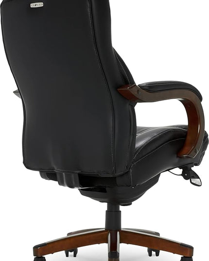 La-Z-Boy Delano Big & Tall Executive Office Chair, High Back Ergonomic Lumbar Support, Bonded Leather, Black with Mahogany Wood Finish - LeafyLoom
