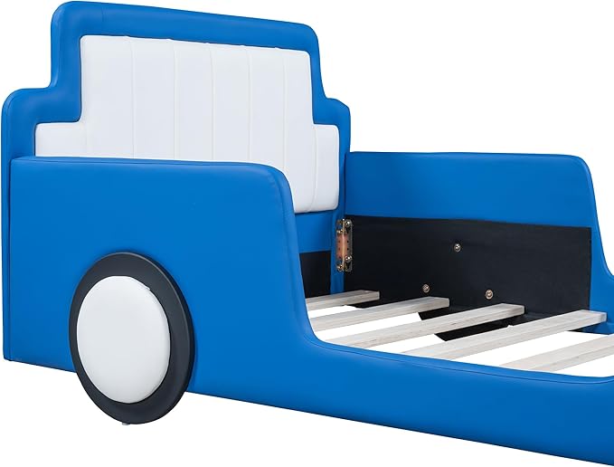 Twin Size Race Car Bed with Wheels,Kids Car-Shaped Beds W/Safety Guardrail,Slats Support,Easy Assembly,Wooden Platform Bedframe for Boys Toddlers Child's Bedroom,Blue PU - LeafyLoom