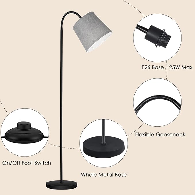 LED Floor Lamp, Standing Lamp for Living Room with Linen Lamp Shade,Adjustable Gooseneck Modern Reading Light,Floor Lamps for Bedroom,Office,Farmhouse,12W LED Bulb Included - LeafyLoom