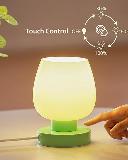 Touch Bedside Table Lamp Set of 2 - Small Modern Table Lamp for Bedroom Living Room Nightstand, 3-Way Dimable Desk lamp with Light Pink Glass Lamp Shade, 2700K LED Bulb, Simple Design Green - LeafyLoom