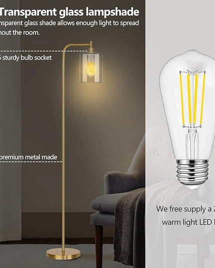 QiMH Industrial Floor Lamp for Living Room, Modern Standing Lamp with HD Glass Lampshade and Pedal Switch, 67” Tall Pole Light for Bedroom Study Room, Brushed Gold (2700K LED Bulb Included) - LeafyLoom