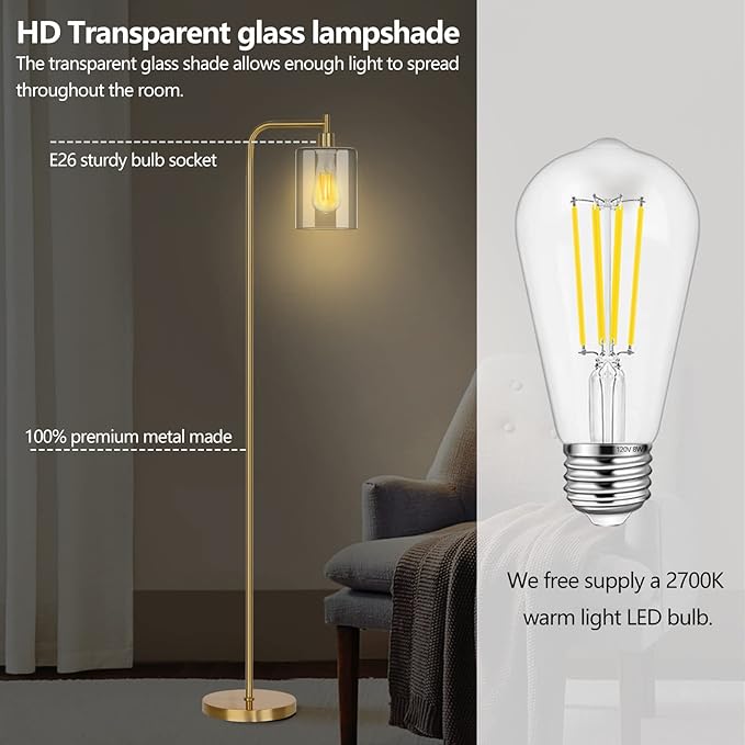 QiMH Industrial Floor Lamp for Living Room, Modern Standing Lamp with HD Glass Lampshade and Pedal Switch, 67” Tall Pole Light for Bedroom Study Room, Brushed Gold (2700K LED Bulb Included) - LeafyLoom