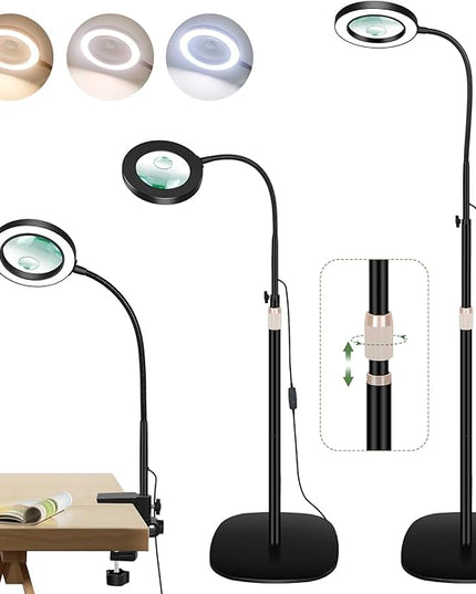10X&5X Magnifying Glass with Light, 3-in-1 Magnifying Floor Lamp, Flexible Goose Neck, 3 Color Modes 10 Levels Dimmable LED Lighted Magnifier Lamp for Home Office Close Wrok Reading Hands Free - LeafyLoom