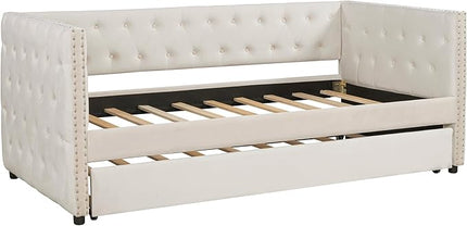 Twin Size Tufted Upholstered Daybed with Trundle, Solid Wood Velvet Bed with Rivet Design, No Box-spring Needed, for Living Room, Bedroom, Dorm, Space-Saving Design - LeafyLoom