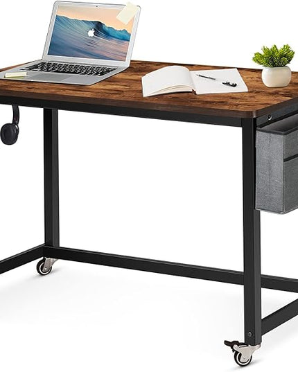 AHB 39" Rolling Computer Desk with 4 Smooth Wheels, Simple Style Mobile Writing Desk Home Office Study Table Movable Workstation with Metal Frame - LeafyLoom