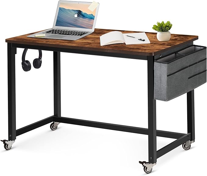 AHB 39" Rolling Computer Desk with 4 Smooth Wheels, Simple Style Mobile Writing Desk Home Office Study Table Movable Workstation with Metal Frame - LeafyLoom