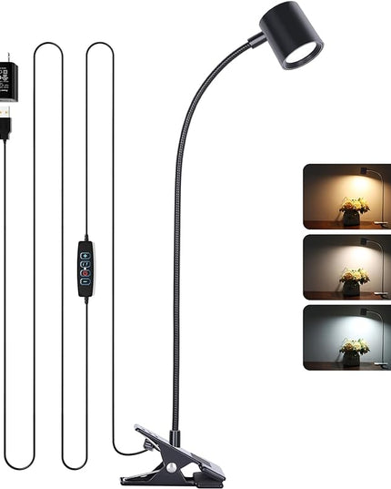 Dott Arts Desk Lamp,USB Clip On Light with 3 Color Modes,LED 10 Levels Brightness Reading Light, 360°Gooseneck Book Light,Eye-Care Reading Lamp for Home Office,Headboards.Adapter included - LeafyLoom