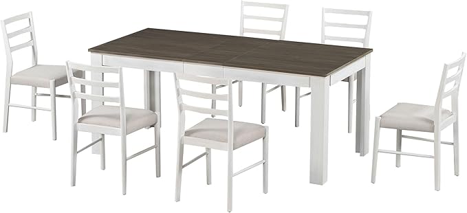 7 Piece Modern Wooden Dining Set, Include Multifunctional Extendable Table with 12” Leaf and 2 Drawers & 6 Soft Cushion Chairs, for Diningroom, Living Room, Brown+White-1 - LeafyLoom