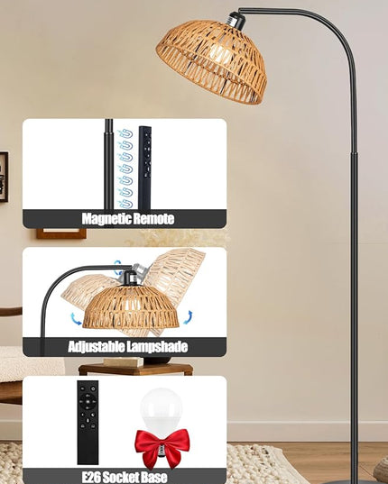 Rattan Floor Lamp- Boho Standing Lamp with Remote Control and Dimmable Bulb, Hand-Worked Adjustable Rattan Shades, Black Farmhouse Tall Lamp, Boho Arc Floor Lamps for Living Room, Bedroom, Office - LeafyLoom