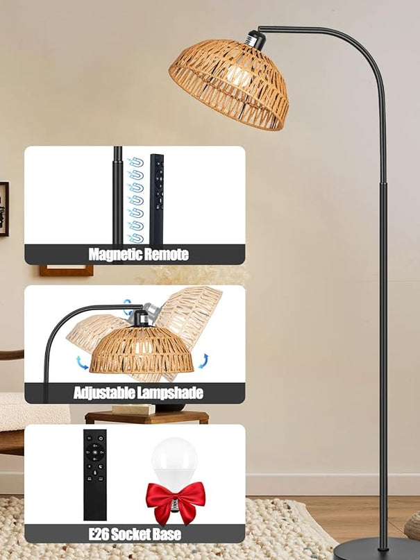 Rattan Floor Lamp- Boho Standing Lamp with Remote Control and Dimmable Bulb, Hand-Worked Adjustable Rattan Shades, Black Farmhouse Tall Lamp, Boho Arc Floor Lamps for Living Room, Bedroom, Office - LeafyLoom