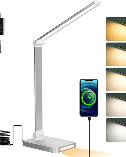 Dott Arts LED Desk Lamp with USB Ports,Touch Desk Lamps for Home Office with 5 Color Modes,3 Brightness Desk Light with Small Night Light,Reading Lamp Table LED Lamp for Bedroom Bedsid Study Sliver - LeafyLoom
