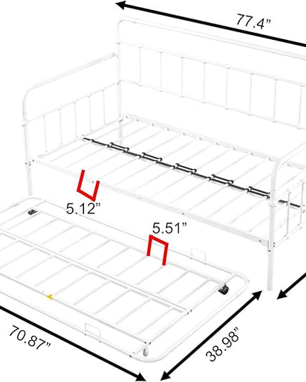 Twin Size Bed W/slats,Metal Frame Daybed with Trundle and Anti-Noise Design,Space-Saving & Easy to Install,for Living Room Bedroom Apartment,White - LeafyLoom