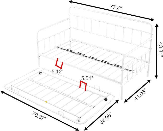 Twin Size Bed W/slats,Metal Frame Daybed with Trundle and Anti-Noise Design,Space-Saving & Easy to Install,for Living Room Bedroom Apartment,White - LeafyLoom