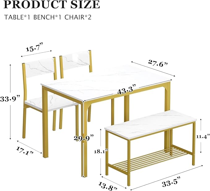 sogesfurniture 4 Piece Dining Table Set, Dining Room Set, Kitchen Dinner Table with Benches for 4, includes Table, 2 Chairs & Bench, White Gold - LeafyLoom