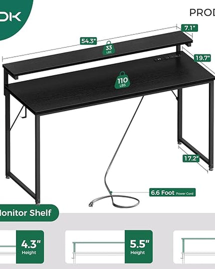 AODK Computer Desk, 55 Inch Gaming Desk with LED Lights and Power Outlet, Office Desk with Adjustable Monitor Shelf (3 Heights), Computer Table Work Desk for Home/Bedroom, Black - LeafyLoom