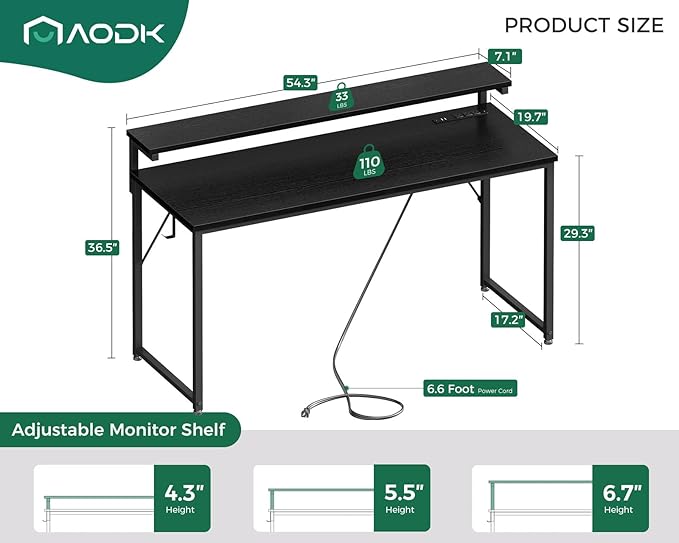 AODK Computer Desk, 55 Inch Gaming Desk with LED Lights and Power Outlet, Office Desk with Adjustable Monitor Shelf (3 Heights), Computer Table Work Desk for Home/Bedroom, Black - LeafyLoom