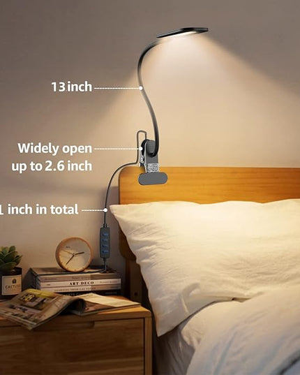 Desk Lamp with Clamp, 8W Clip on Light with 3 Lighting Modes, 10 Brightness Level, Eye-Caring Reading Lamp, Flexible Gooseneck Clamp Lamp, USB Desk Light for Bed Headboard Home - LeafyLoom