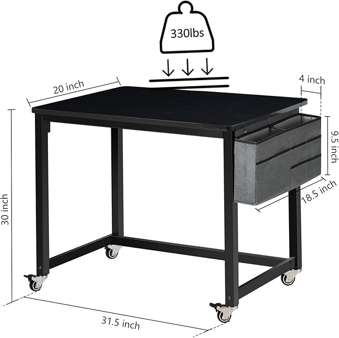AHB Rolling Computer Desk with 4 Smooth Wheels, Simple Style Mobile Writing Desk Home Office Study Table Movable Workstation with Metal Frame (Black, 32") - LeafyLoom
