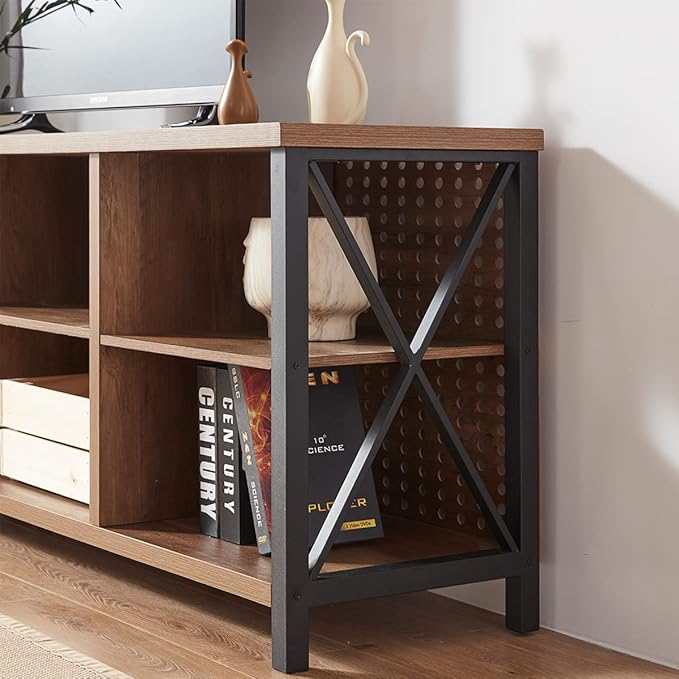 LVB Rustic Entertainment Center for 65 Inch TV, Industrial Wood and Metal TV Stand with Storage Shelf, Modern Television Media Console Table with Cabinet for Living Room Bedroom, Rustic Oak, 55 Inch - LeafyLoom