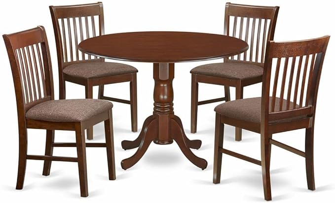 East West Furniture Dublin 5 Piece Room Furniture Set Includes a Round Kitchen Table with Dropleaf and 4 Linen Fabric Upholstered Dining Chairs, 42x42 Inch, DLNO5-MAH-C - LeafyLoom