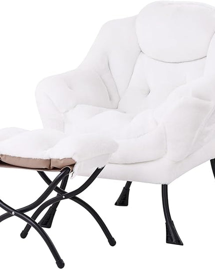 Lazy Chair with Ottoman, Modern Accent Chair Contemporary Lounge Leisure Upholstered Sofa Chair Set with Armrests, Reading Chair for Living Room, Bedroom, Office, Plush White - LeafyLoom