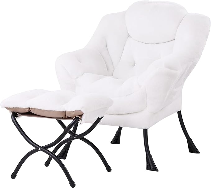 Lazy Chair with Ottoman, Modern Accent Chair Contemporary Lounge Leisure Upholstered Sofa Chair Set with Armrests, Reading Chair for Living Room, Bedroom, Office, Plush White - LeafyLoom