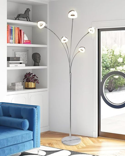DINGLILIGHTING DLLT 5 Head Arc Floor Lamps for Living Room, Spider Lamps with 5 Adjustable Arms, Modern Tree Standing Lamp for Bedroom, Office, 3 Brightness Level, Warm White, Sliver - LeafyLoom