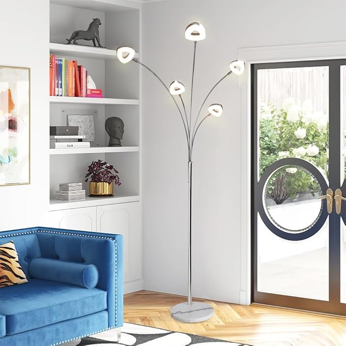 DINGLILIGHTING DLLT 5 Head Arc Floor Lamps for Living Room, Spider Lamps with 5 Adjustable Arms, Modern Tree Standing Lamp for Bedroom, Office, 3 Brightness Level, Warm White, Sliver - LeafyLoom